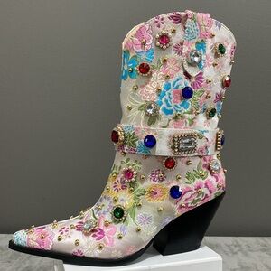 Embellished Pink Floral Western Heeled Boot